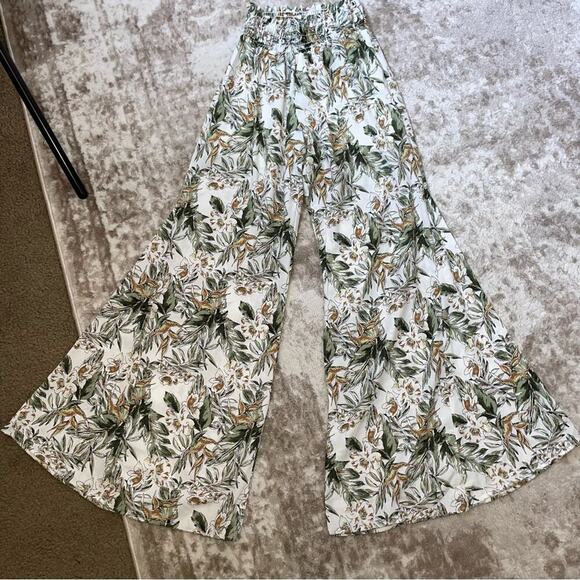 Peach Love California white & green leaf print pull on wide leg lightweight SZ S - Picture 12 of 13